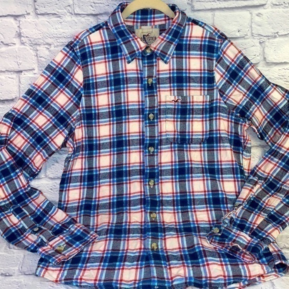 Hollister Mens Classic Plaid Long Sleeve Button Down Red Blue White Collar Shirt